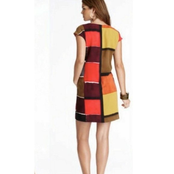 Ann Taylor LOFT Watercolor Geometric Colorblock Mondrian Print Shift Dress - Picture 2 of 8